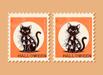 Vintage Halloween Postage Stamp Illustration&mdash;Cute Black Cat with Ghost Garland on Retro Background