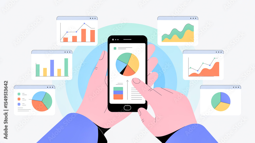 Aufkleber a flat design illustration of business analytics and data visualization on a mobile device