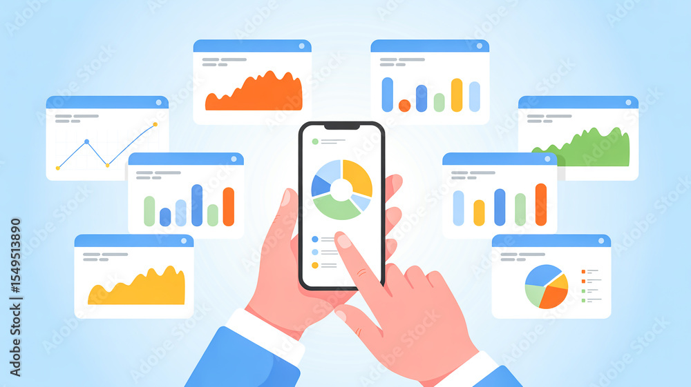 Poster a flat design illustration of business analytics and data visualization on a mobile device