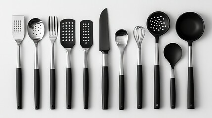 Row of kitchen utensils with black handles