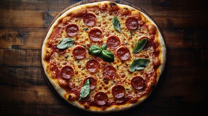 Round pepperoni pizza on wooden board