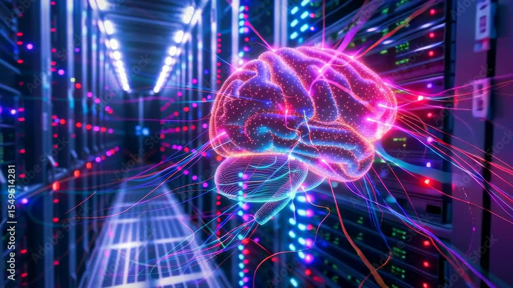 Poster a brain suspended in the middle of the server room. concept of artificial intelligence and machine l