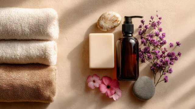 Spa towels, soap, and flowers with slow camera pan right in warm natural lighting