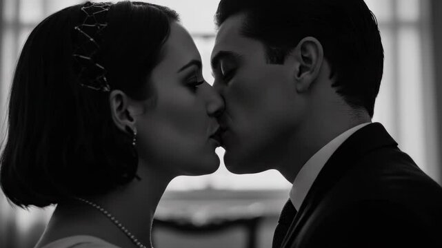 Romantic black and white close-up of a couple kissing during their wedding ceremony