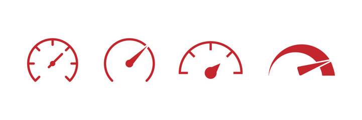 Speedometer icons set. Speedometer Red icons set. Speed indicators with arrows. Fast speed. Credit score indicator. Risk levels meter icon. Vector Illustration.