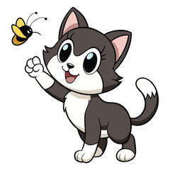 Obraz premium Cute Cartoon Black and White Kitten Playing with Bee Clipart