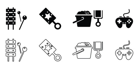 A collection set of black outline and solid icons for children's toys. Children's toys outline and solid icons set – playful, filled, kid activity symbols. toys icon set. Vector Illustration.