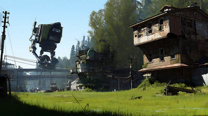 Post apocalyptic landscape with mech walker