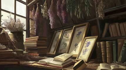 Cozy, sunlit shop filled with books, herbs, and art