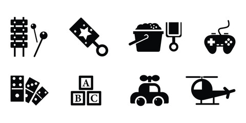 A collection set of black icons for children's toys. Children's toys solid icons set – playful, filled, kid activity symbols. toys icon set. Vector Illustration.