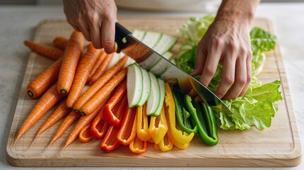 Preparing fresh vegetable ingredients for a healthy meal on a wooden cutting board in a kitchen setting