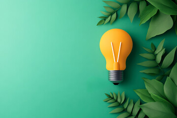 A bright yellow light bulb is surrounded by green leaves on a teal background, symbolizing eco-friendly ideas and sustainable innovation.