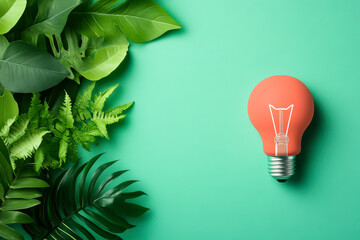 Green leaves on the left contrast with a red light bulb on a turquoise background, symbolizing eco-friendly innovation and creative energy.