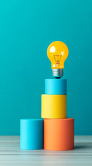 A yellow light bulb hovers above stacked colorful cylinders on a turquoise background, symbolizing creativity and innovative ideas.