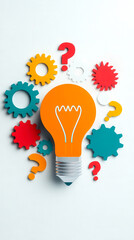 Orange lightbulb shaped like a pencil surrounded by colorful gears and question marks on a white background.