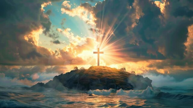 The Holy Cross on the top of an island, with beautiful light and clouds behind
