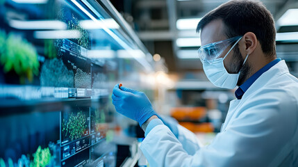 Scientist in a lab coat, mask, and goggles examines a plant sample while analyzing data on digital screens in a modern laboratory setting.
