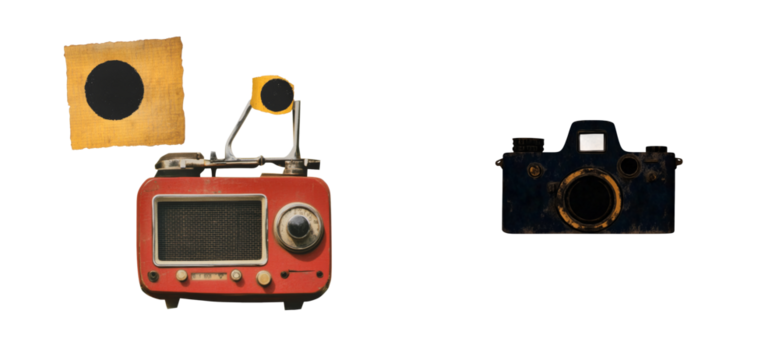 Old fashioned radio, film camera, and square sheet of fabric, cut out transparent