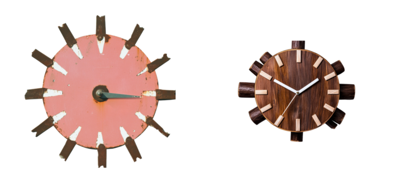 Rustic Clock Faces Showing Time, Isolated, cut out transparent