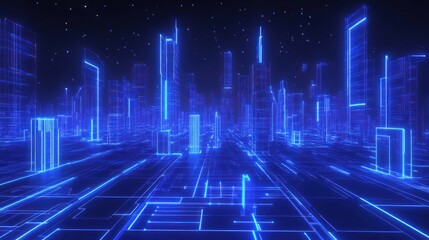 Futuristic city skyline, glowing blue lines, digital network