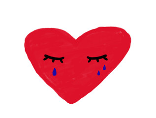 hand drawn red heart with tears, concept of sadness and depression on transparent background