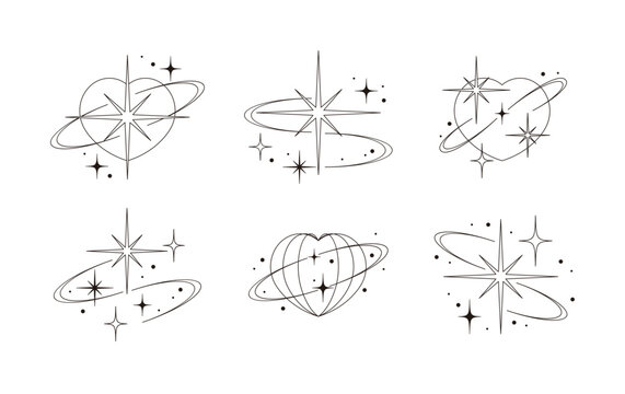 An illustration featuring hearts and star shaped, orbits and cosmic dots. A minimalist tattoo style design, perfect for stickers, logos and dreamy artwork.