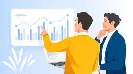 Fototapeta premium A minimalist illustration of two business professionals reviewing a large data visualization screen