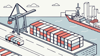 Cargo Ship at Port with Crane and Trucks.