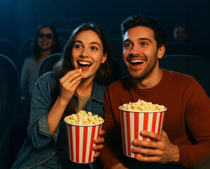 Happy young couple enjoying a movie at the cinema, smiling and holding striped buckets of popcorn. Fun and relaxed atmosphere with dim theater lighting.

