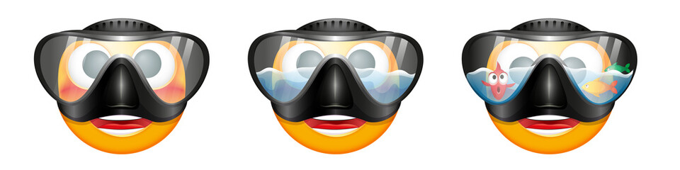 Set of diver emoji on white background. Cute summer emoticon with scuba mask and diving snorkel. Positive vibes, good mood, vacation, travel, holiday concept	