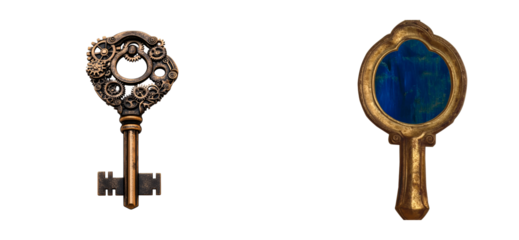 Bronze Steampunk Key With Gears and Vintage Mirror, cut out transparent