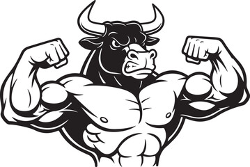  Muscular Cartoon Bull Flexing – Ink Style Logo