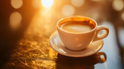 Fototapeta premium Warm Espresso Cup in Early Morning Light