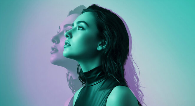Double exposure portrait of woman with long dark hair, teal and purple tones, looking upwards, suggestive of mystery, imagination, and duality