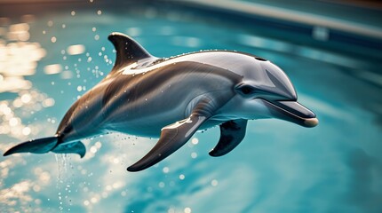 Fototapeta premium Dolphin leaps gracefully above water in indoor pool during training session in marine facility
