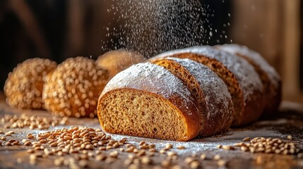Sliced whole wheat bread dusted with flour, surrounded by seeds and rolls