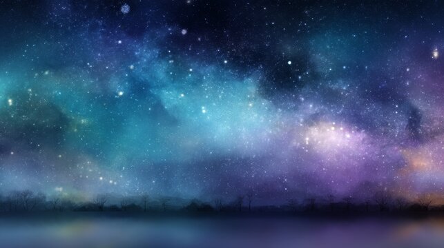 Whirlpool of Stars Over Urban Skyline, a serene watercolor depiction of a swirling night sky above a minimalist cityscape, evoking tranquility and wonder.