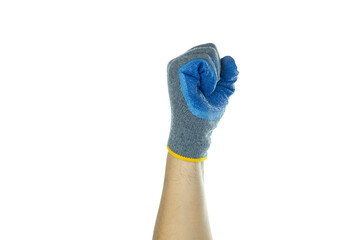 Hand in a protective work glove making a powerful fist, signifying determination and hard work in industrial or manual fields. isolated on white background with clipping path.