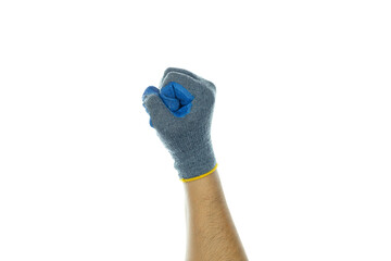 Hand in protective work glove forming a powerful fist, symbolizing strength and effort in manual tasks. Ideal for themes of labor and safety. isolated on white background with clipping path.