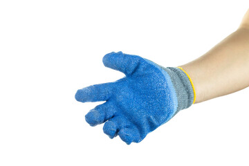 Hand in a blue work glove poised to grasp, conveying readiness for action and precision in...