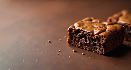 A close-up of freshly baked chocolate brownies against a rich brown background.