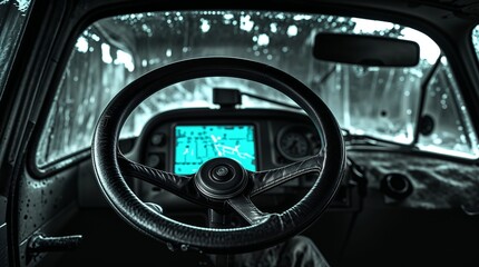 Exploring the interior of a vintage vehicle during a rainy day at an abandoned location