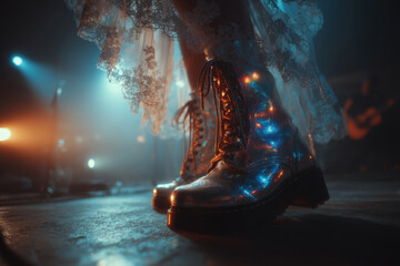 Music festival fashion editorial concept. Sparkling boots under dramatic stage lighting