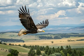 Majestic Eagle Soaring: A magnificent bald eagle, with its distinctive white head and powerful wings, soars effortlessly through the sky.