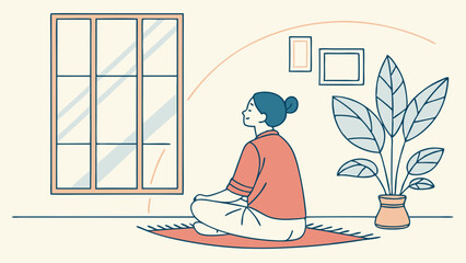 Fototapeta premium Woman meditating indoors near a window and potted plant illustration.