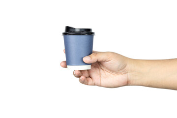 Hand holding blue disposable coffee cup with black lid. Takeaway beverage concept. isolated on white background with clipping path.