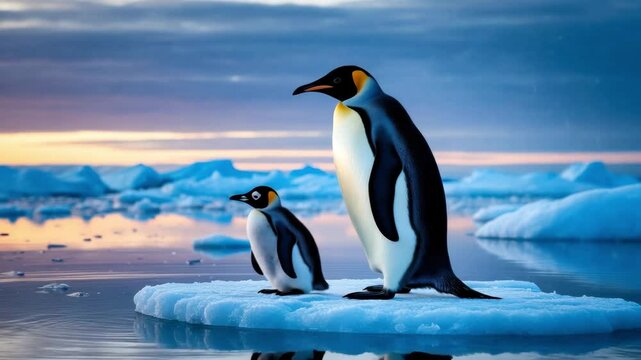 Two emperor penguins stand on an ice floe in a serene ocean setting. The adult penguin is large with a distinctive orange patch, while the chick is smaller and fluffy.