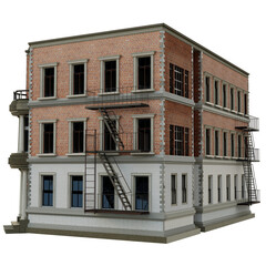 3D rendered three-story corner building with red brick facade and fire escapes, isolated on transparent background © HWWO Stock
