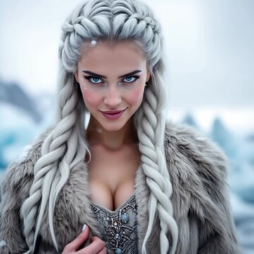 viking woman in fur coat smiling