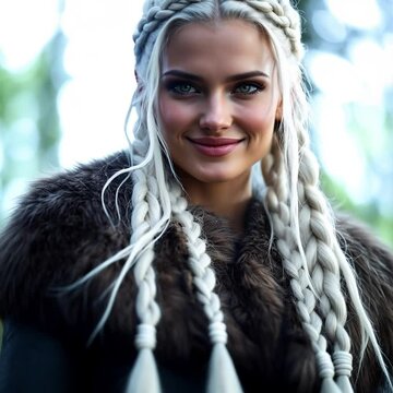 Viking woman in fur coat smiling